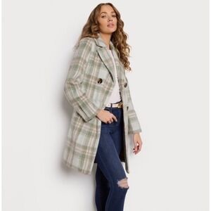 Sam Edelman Womens Plaid Double Breasted Coat Sage Green Cream Size 10